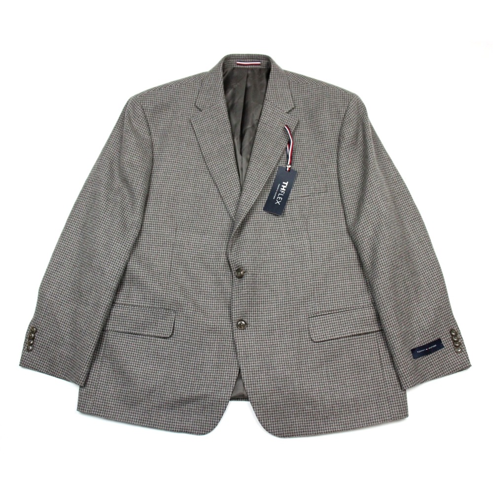 Tommy Hilfiger Sport Coat Mens 46 S Beige Brown Houndstooth Wool Th Flex Blazer